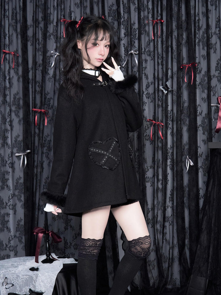 Jirai Kei Coat Black Jacket Heart-Shaped Pockets Hood 40390:667718