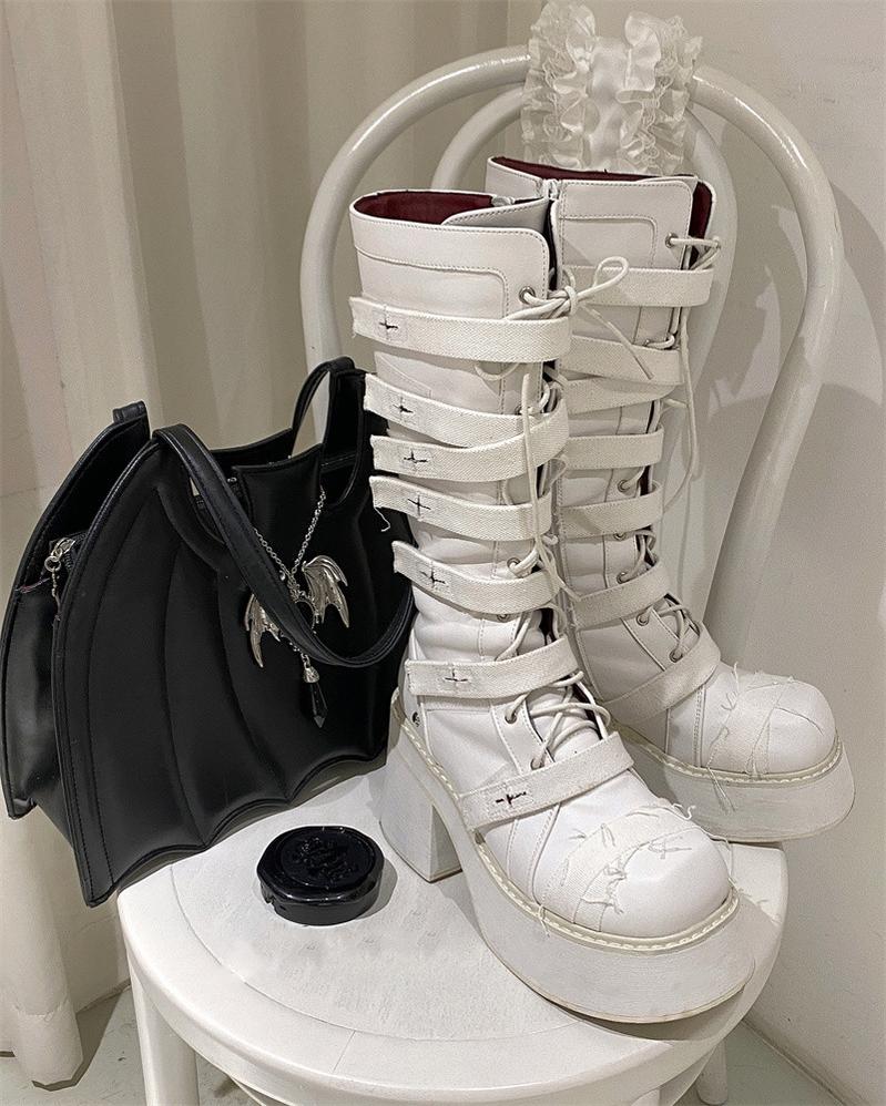 Punk Combat Boots Cross Strap Black White Boots 33822:446272
