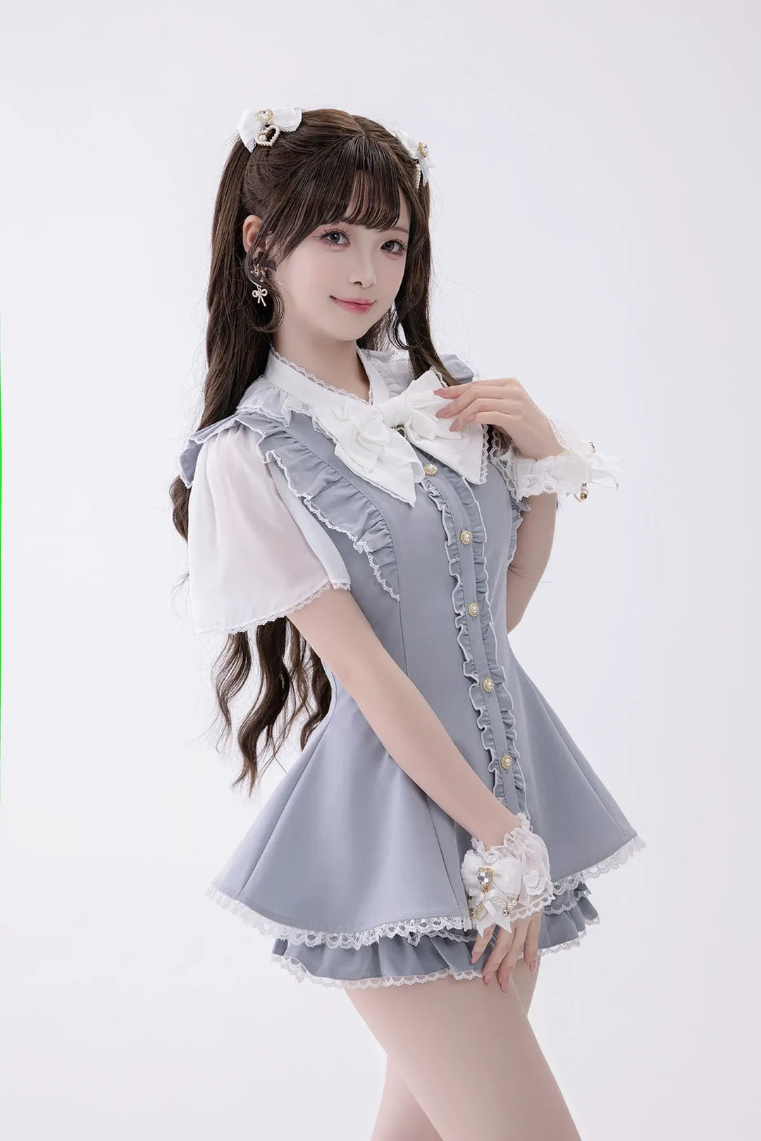 Jirai Kei Button Closure Dress Set Up, Chiffon Sleeves 45390:846612