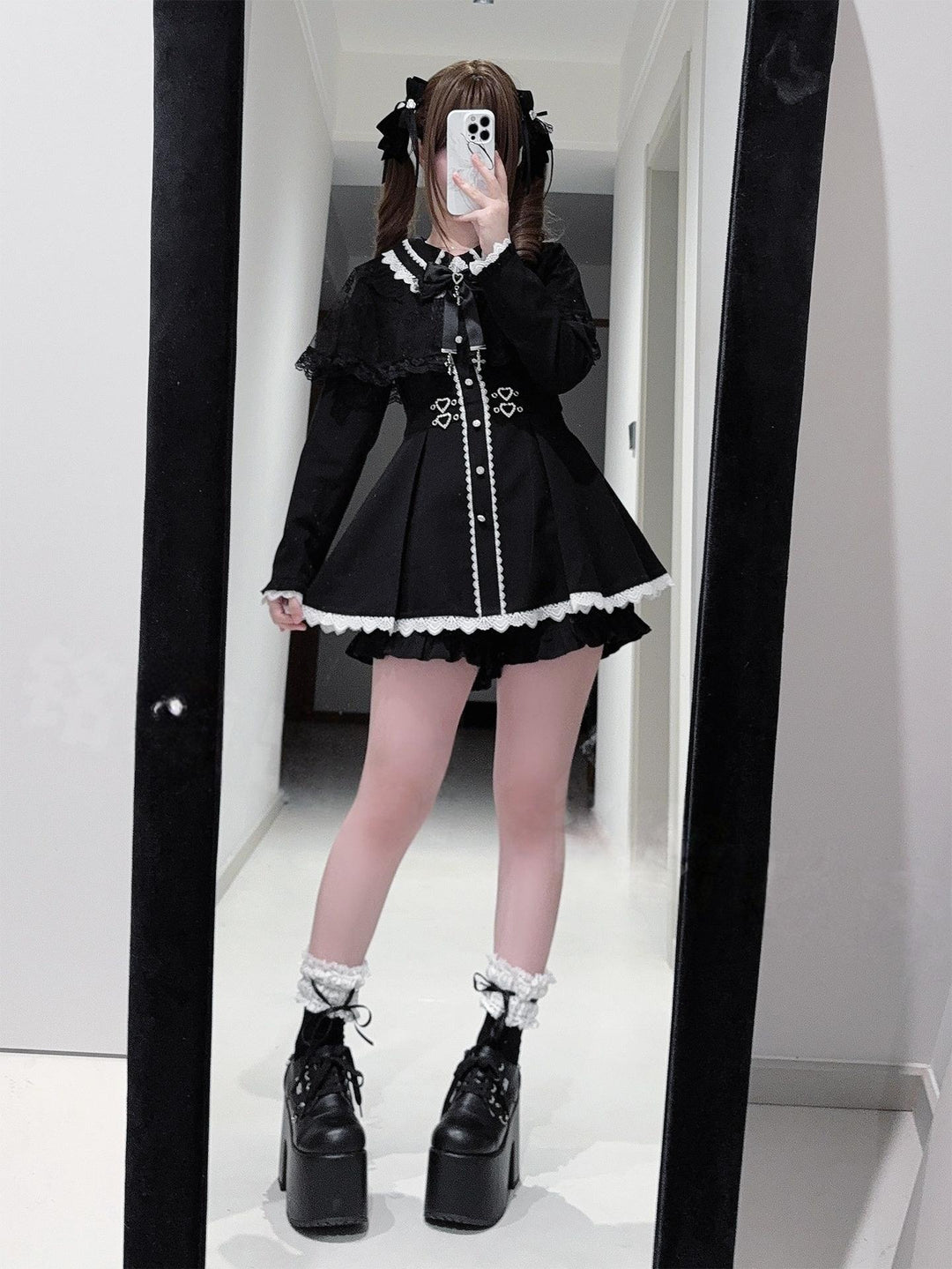 Striped Jirai Kei Dress, Black Lace Shawl 44786:827982