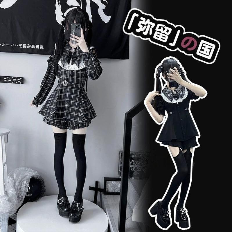 Jirai Kei Dress Set Black Plaid Dress With Puritan Collar 39506:760640