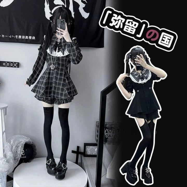 Jirai Kei Dress Set Black Plaid Dress With Puritan Collar 39506:760640