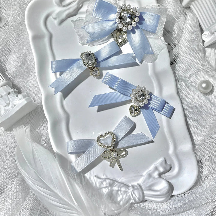 Jirai Kei Bow Hair Clips Set, Rhinestone & Pearl Accent 45776:866475