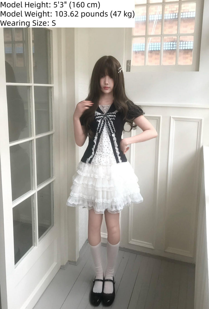 Sweet Polka Dot Sailor Collar Blouse, Elastic Waist Skirt 45346:850202