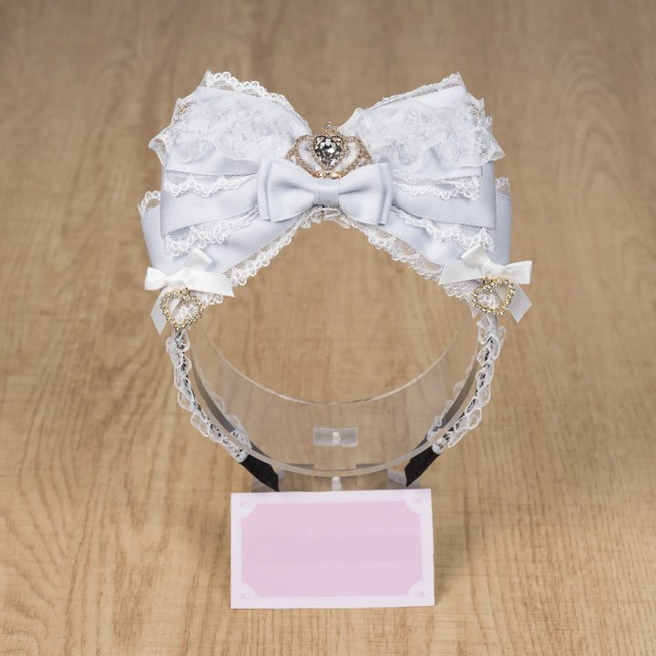 Jirai Kei Layered Bow Lace Headband, Crown & Heart Rhinestone 45960:870869
