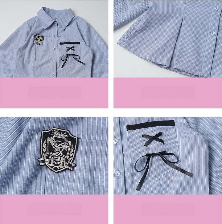 Preppy Reversible Plaid Jacket Set, Striped Blouse 45874:868453