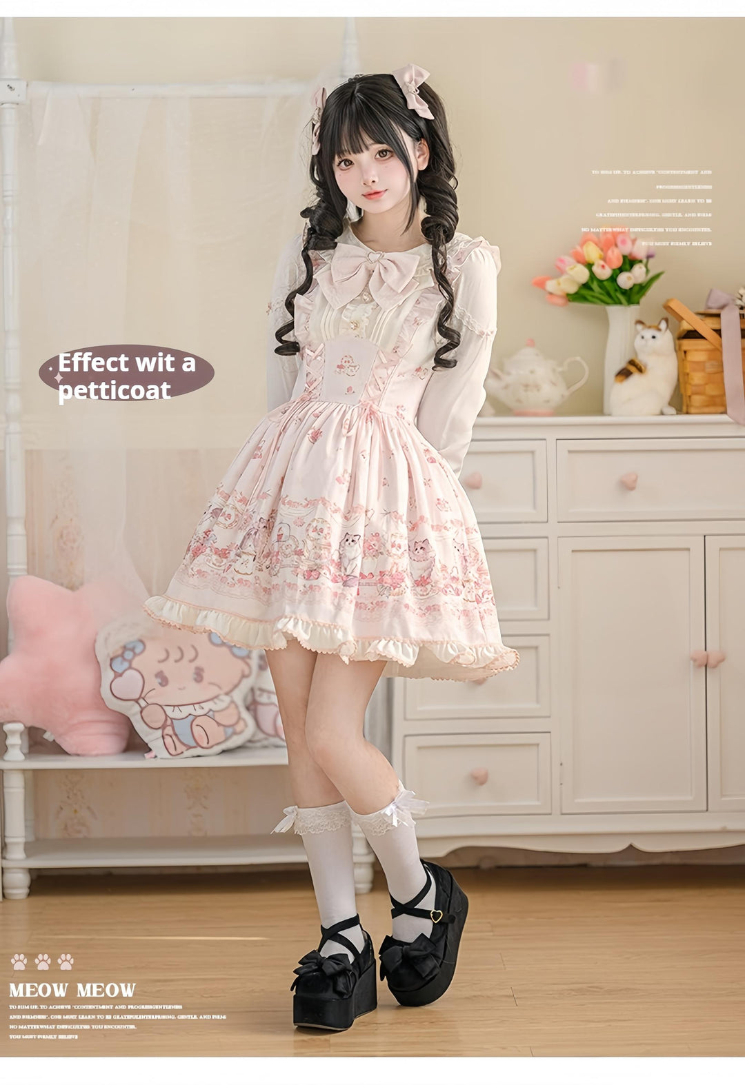 Kawaii Ryousangata Dress Long-sleeved Cat Printed OP Dress 40560:665178