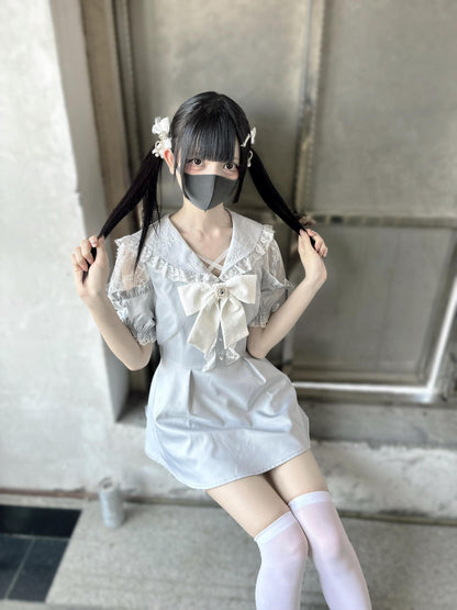 Jirai Kei Dress Set Short Sleeve Lace Dress And Shorts 37652:568128