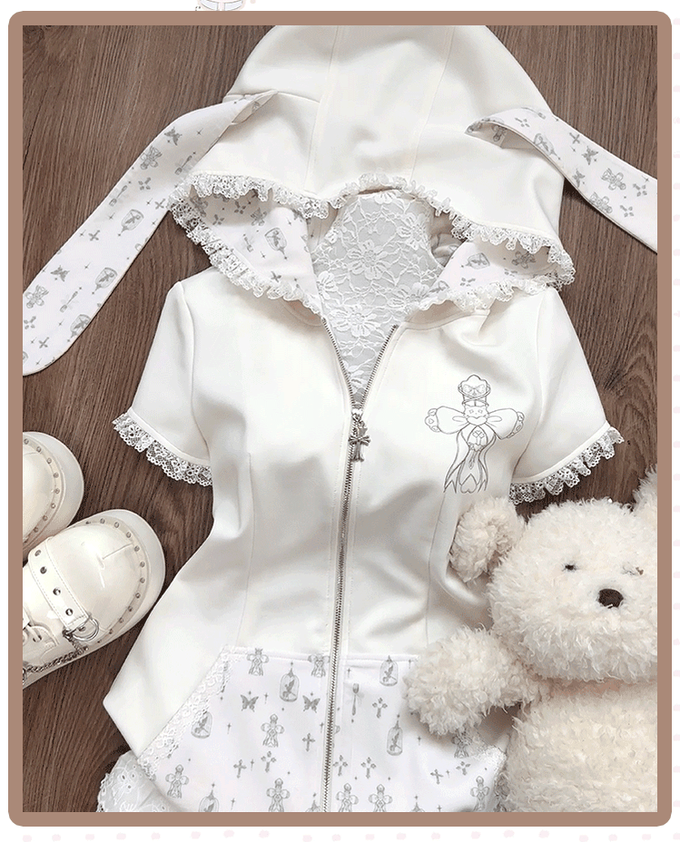 Gyaru Outfit, Bunny Ear Zip Up Hoodie + Tiered Lace Skirt 43433:779690