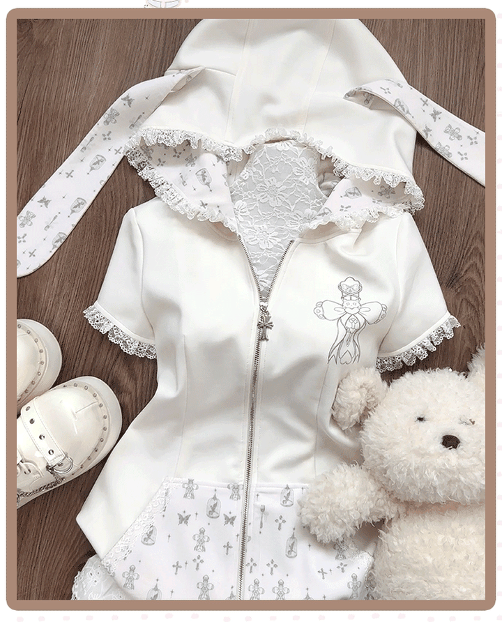 Gyaru Outfit, Bunny Ear Zip Up Hoodie + Tiered Lace Skirt 43433:779690
