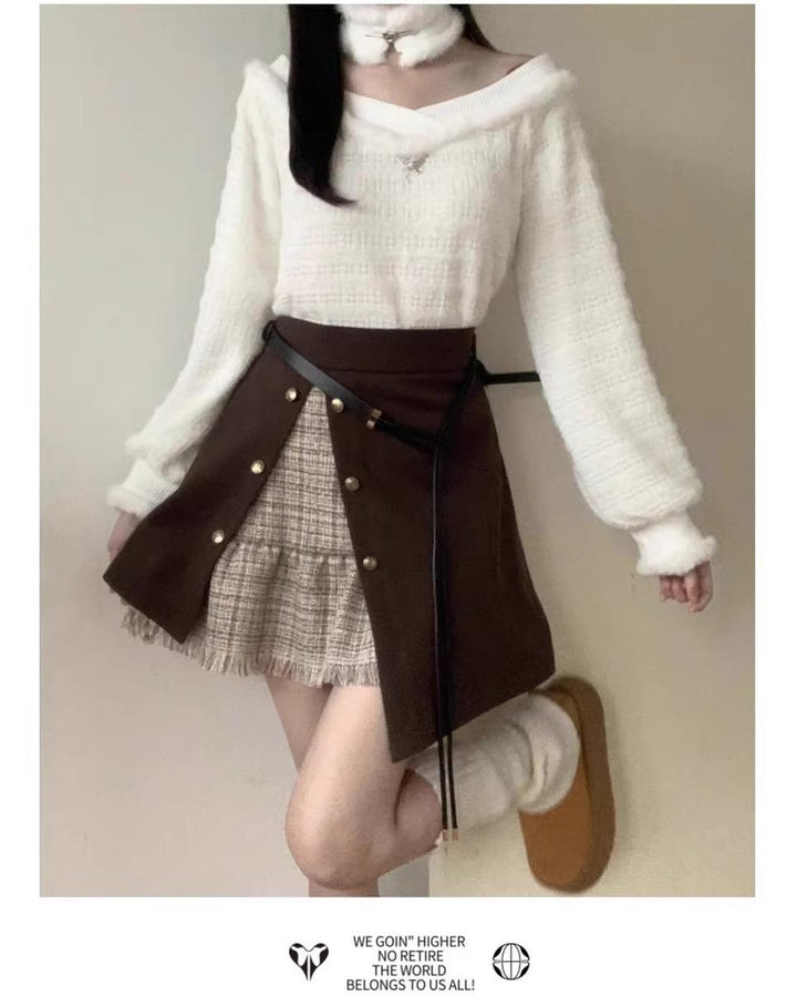 Mori Kei Outfit Set Plush Coat Sweater Skirt Set 41114:694962