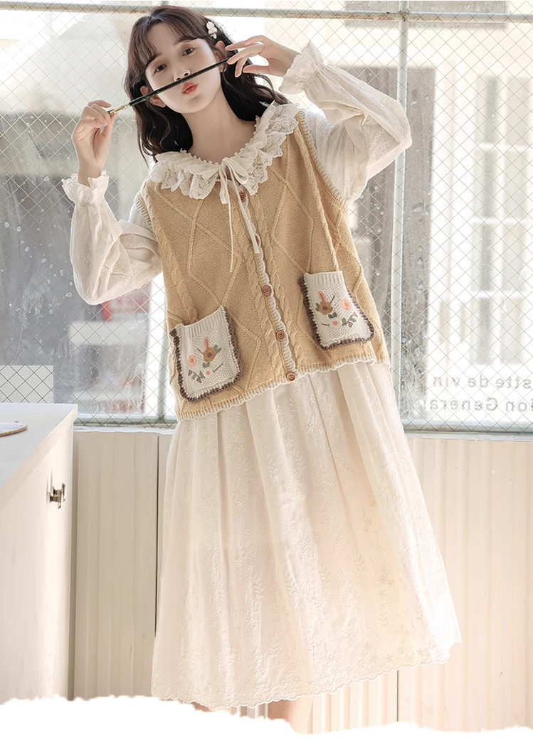 Mori Kei Dress Set Cottagecore Beige Dress Yellow Vest 39428:626874