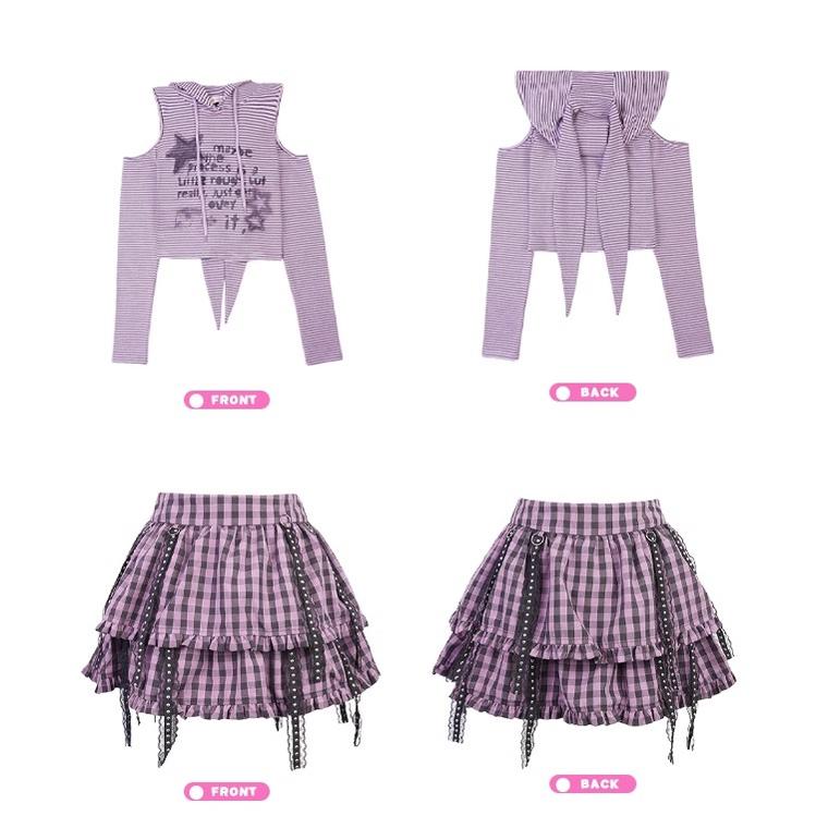 Jirai Kei Outfit Set Purple Bunny Ears Top Plaid Skirt 35824:506546 35824:506546