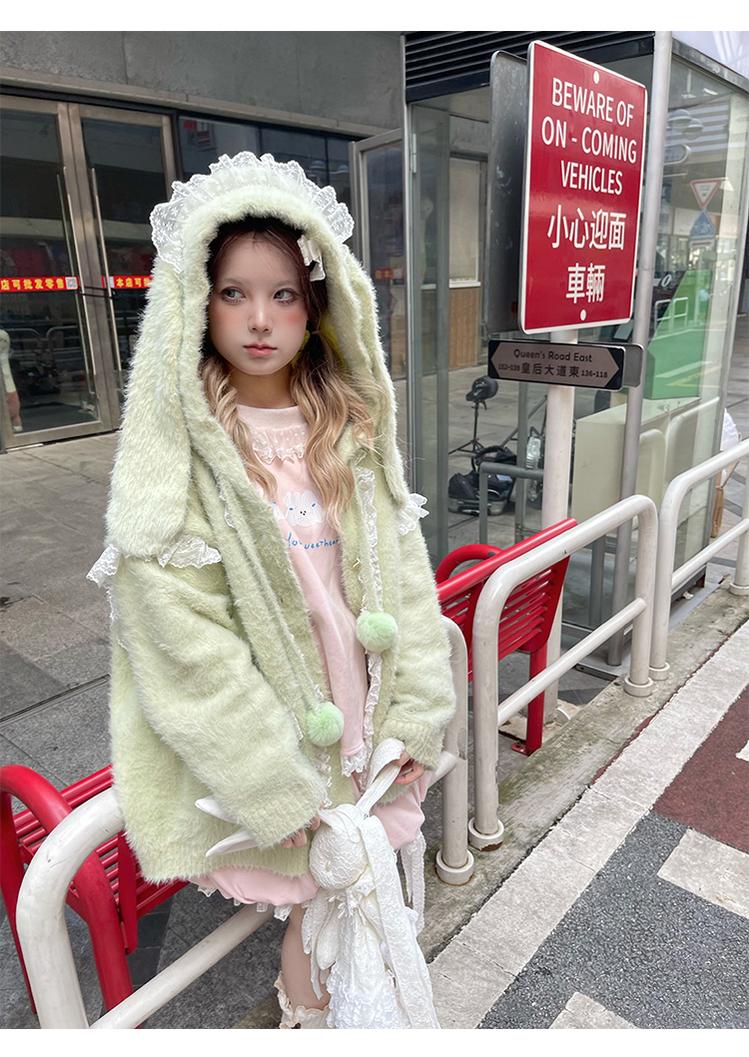 Kawaii Coat Sweater Bunny Ear Lace Knitted Hooded Cardigan 40338:665494