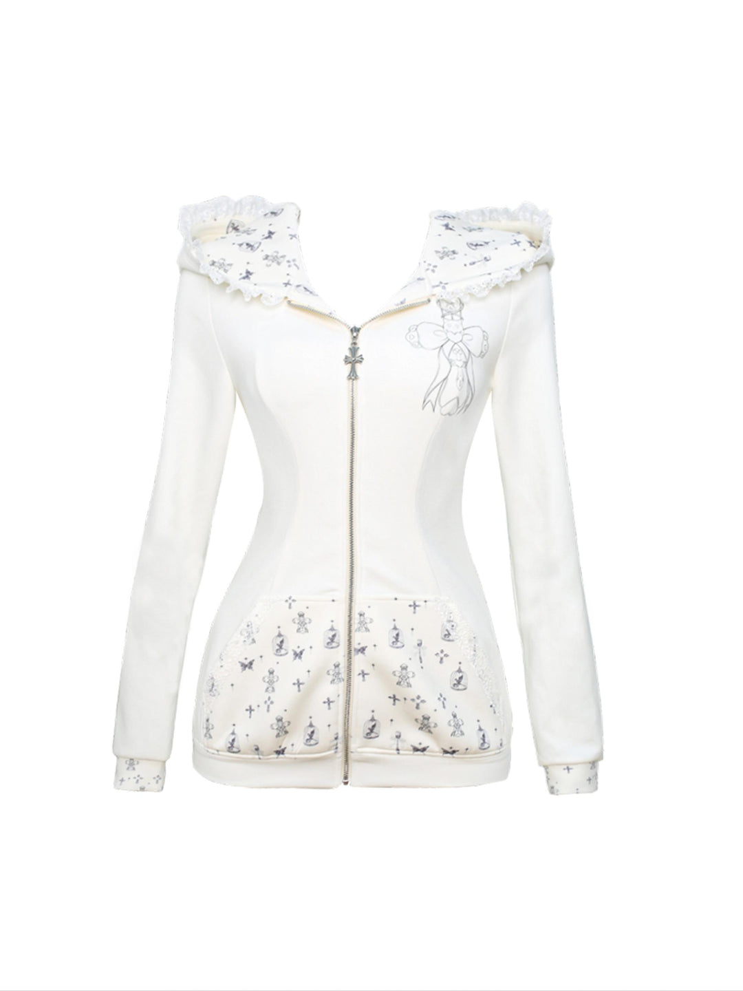 Gyaru Outfit, Bunny Ear Zip Up Hoodie + Tiered Lace Skirt (M S XS) 43433:779651