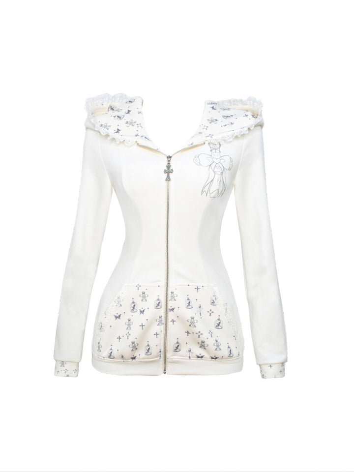 Gyaru Outfit, Bunny Ear Zip Up Hoodie + Tiered Lace Skirt (M S XS) 43433:779651