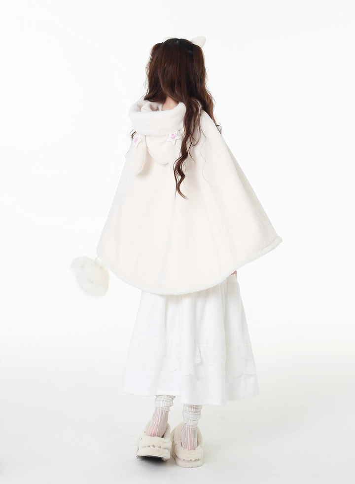 Jirai Kei Winter Coat White Bunny Ear Hooded Cape Coat 41056:684502