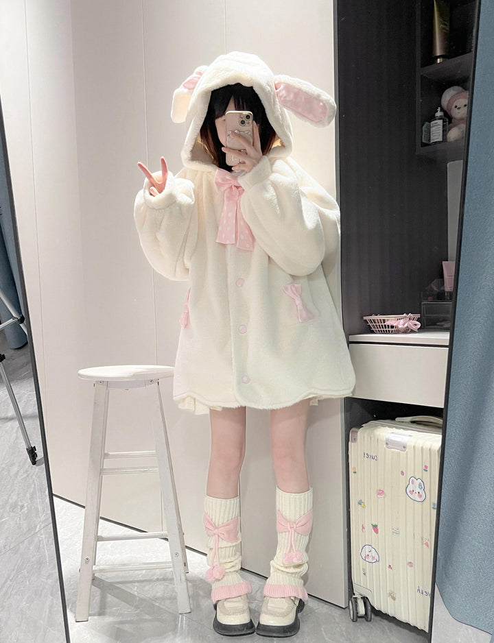 Jirai Kei Coat Sweet Bunny Ear Hoodie Long Fleece Coat 40938:682292