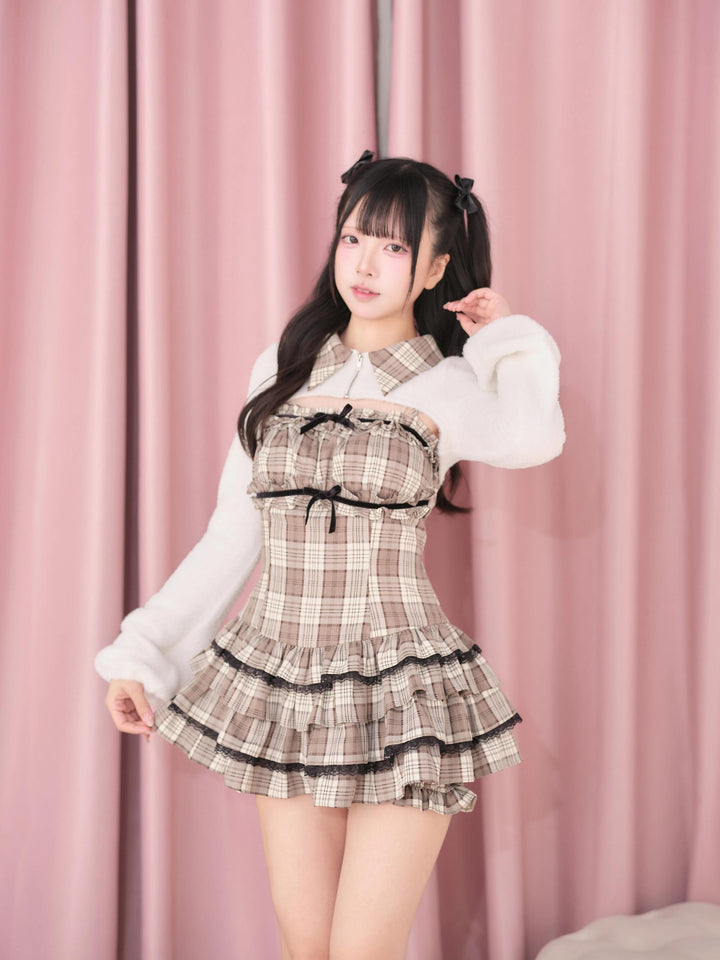 Ryousangata Suspender Dress & Plush Crop Top Set (M S) 45856:865413