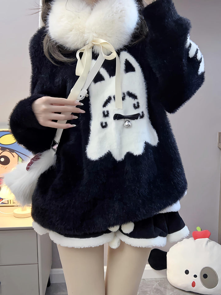 Jirai Kei Sweater Black Ghost Cat Print Couple Sweater 39952:646130