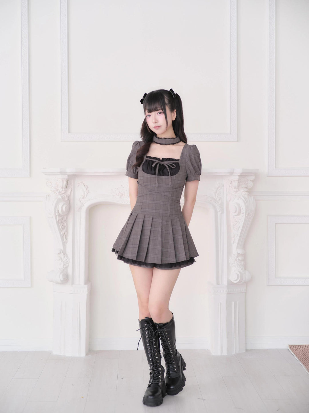 Jirai Kei Plaid Square Neckline Dress, Pleated Hem 45802:863782