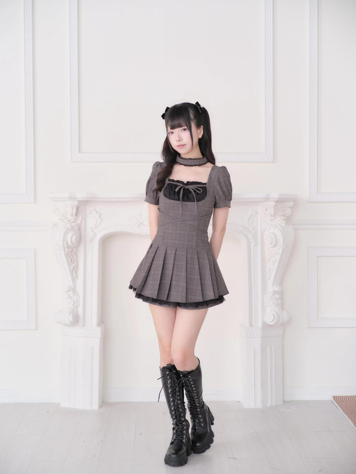Jirai Kei Plaid Square Neckline Dress, Pleated Hem 45802:863782
