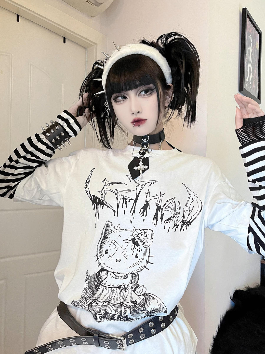 Punk Top Y2K Shirt False Two Striped Long Sleeve T-shirt 34484:538336 34484:538336