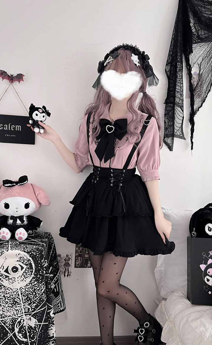Jirai Kei Blouse Pink Blue Shirt Black Lace Up Skirt (L M S XL) 21832:760695