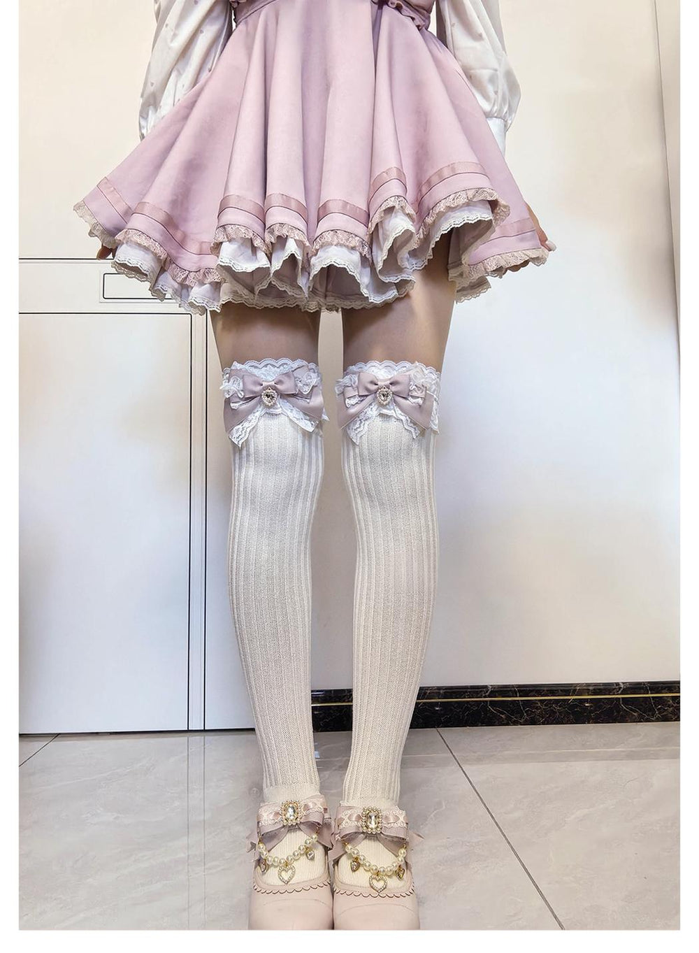 Jirai Kei Over-the-Knee Knit Socks, Bow & Lace 46069:875527