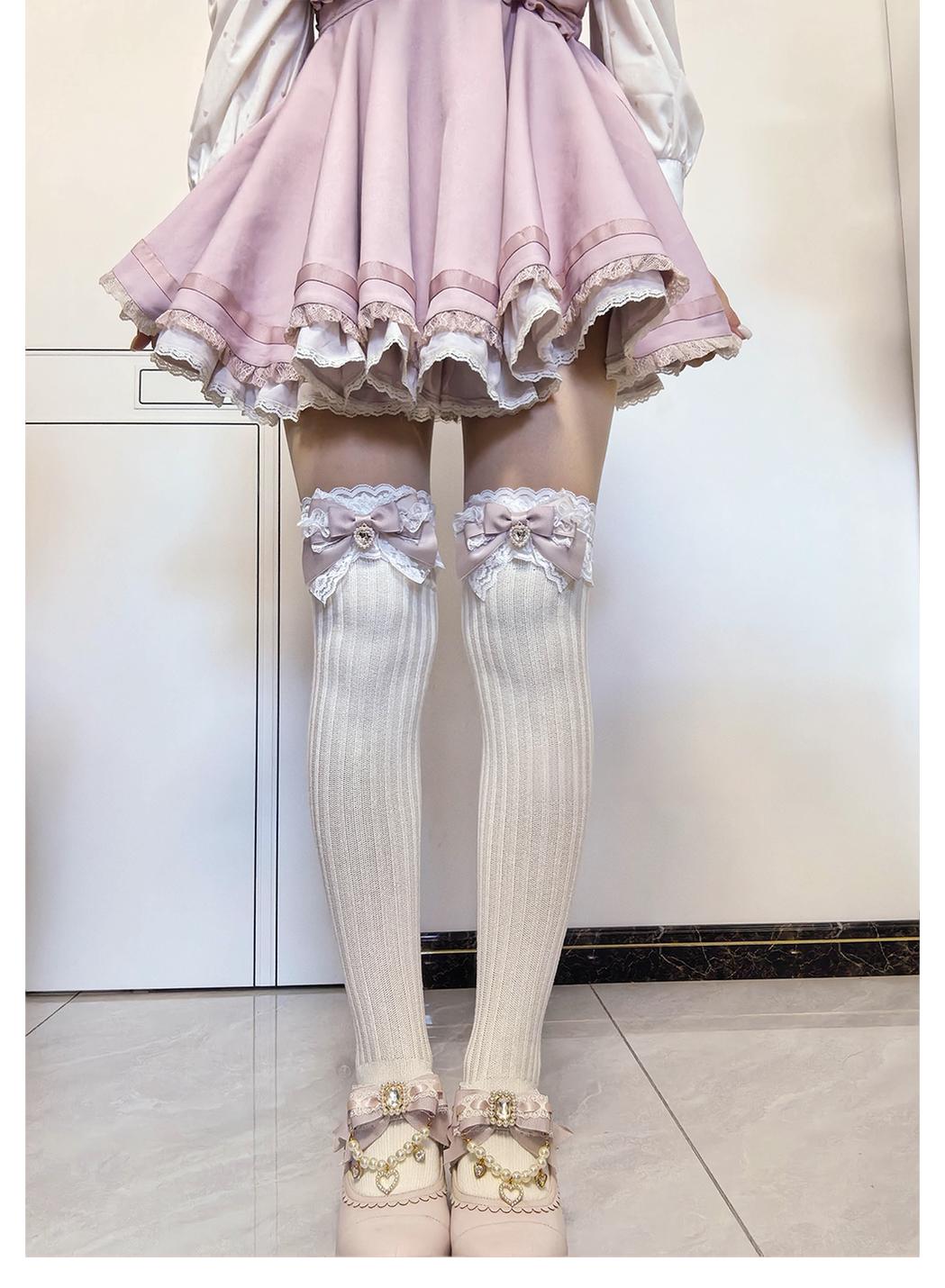 Jirai Kei Over-the-Knee Knit Socks, Bow & Lace 46069:875527