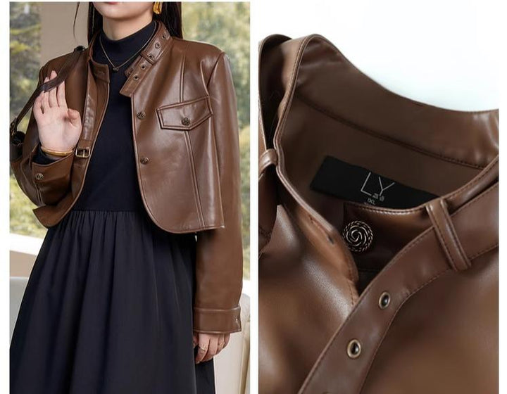 Plus Size Brown Leather Jacket Black Dress 29808:362920 29808:362920