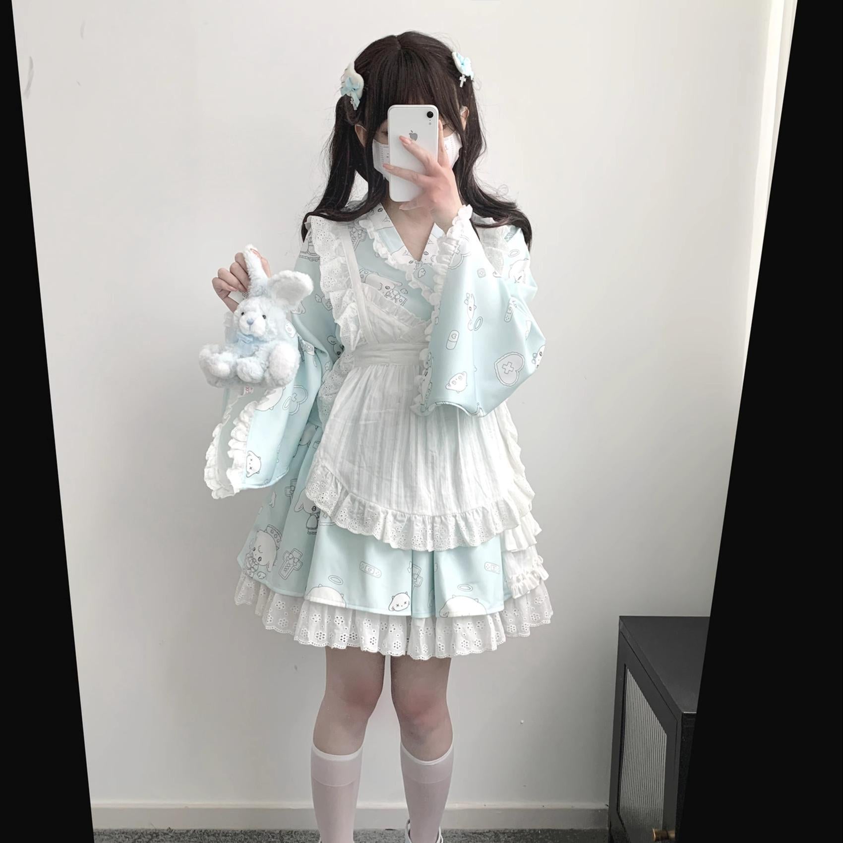 Tenshi Kaiwai Patchwork Skirt Kimono Top White Apron Three-Piece Set 36786:536834