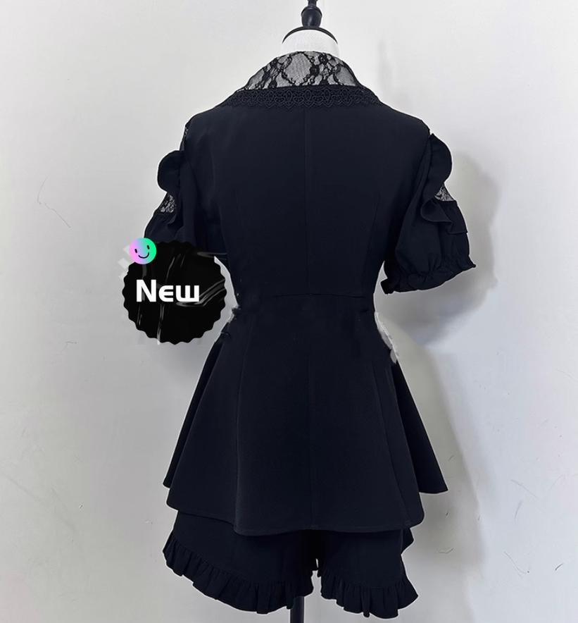 Jirai Kei Full Set Short Sleeve Puritan Collar Black Dress Set 37842:573648