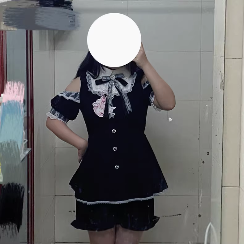 Jirai Kei Set Short-sleeved Lace Dress And Shorts 37850:571606