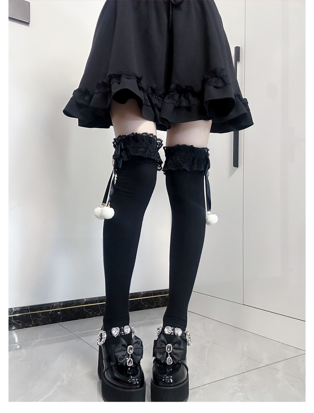 Jirai Kei Knee Socks Lace Bow Pom-Pom Mid-Calf Socks 40886:678964