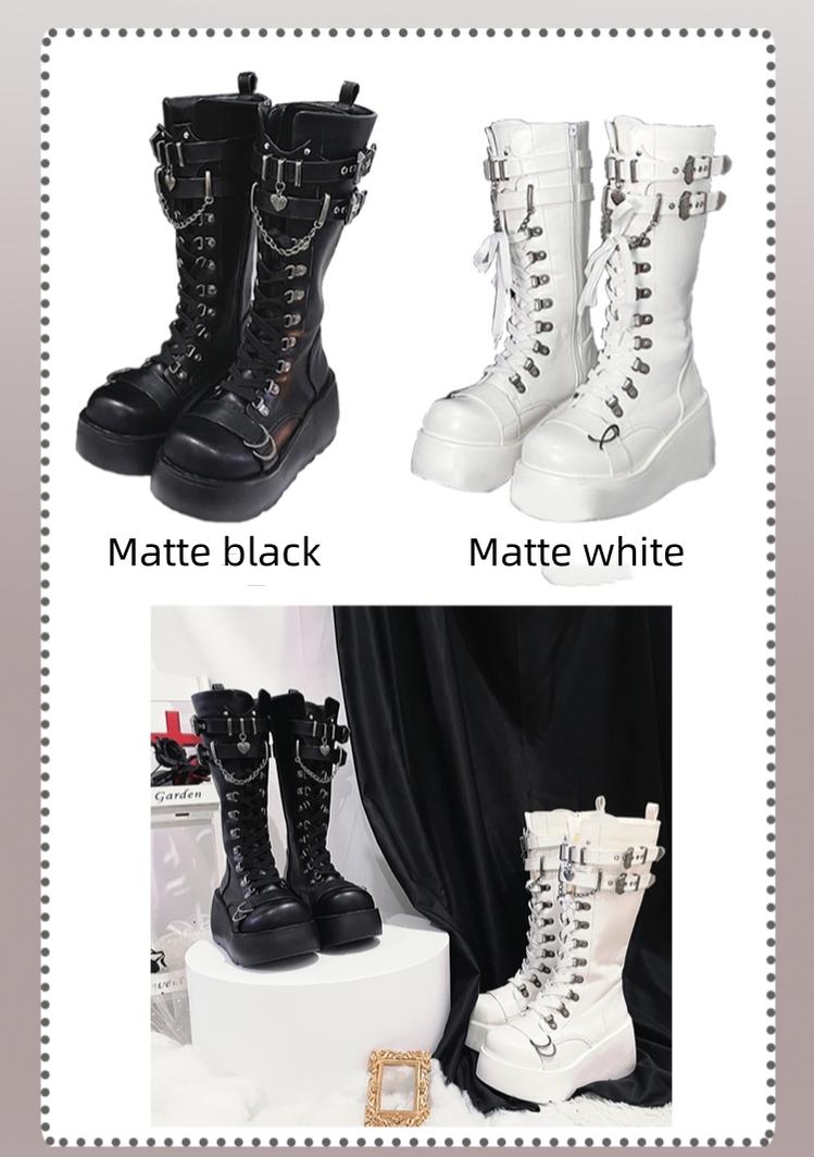 Gothic White Black Platform Boots High-Top Knight Boots 29702:369268