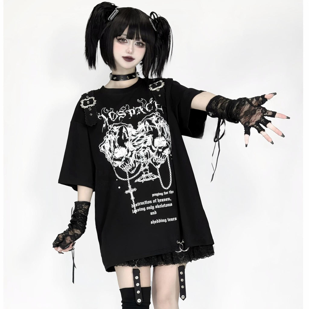 Jirai Kei Top Double Skull Print Short Sleeve Top – Honey Wardrobe