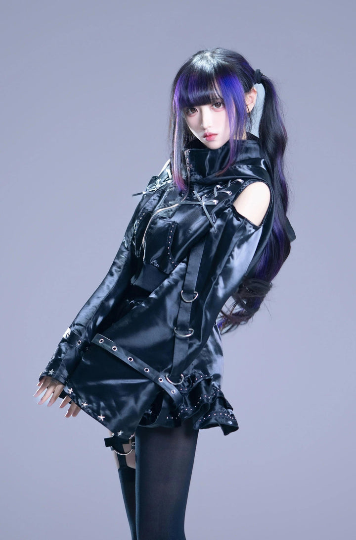 Gothic Hooded Crop Jacket & Shorts Set, Cat Ear 46064:874096