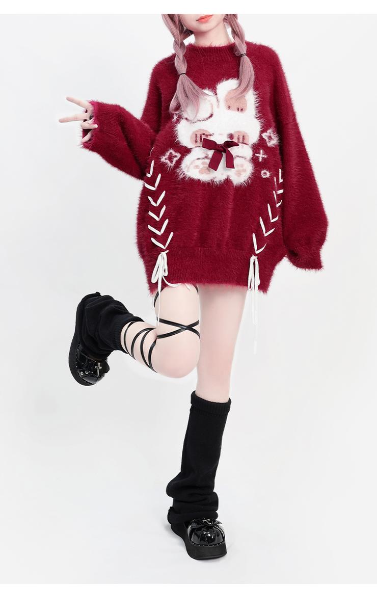 Kawaii Red Pagoda Sleeve Fluffy Strap Sweater 22756:326828