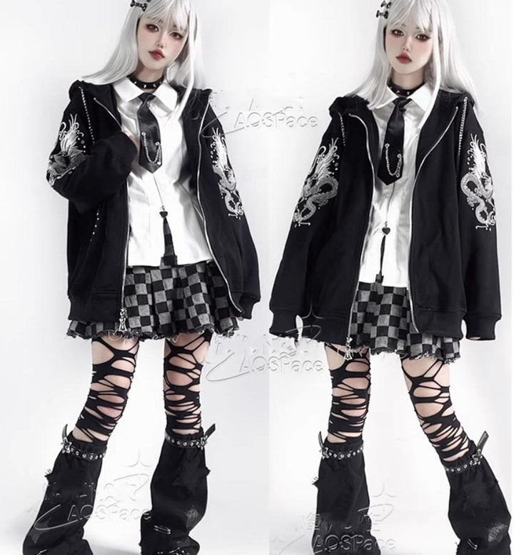 Subculture Black Coat Dragon Printed Hooded Jacket 38076:580598