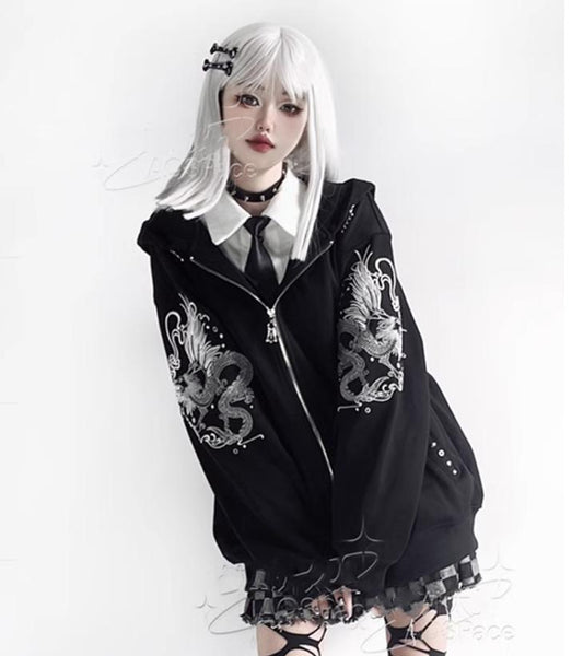 Subculture Black Coat Dragon Printed Hooded Jacket 38076:580602