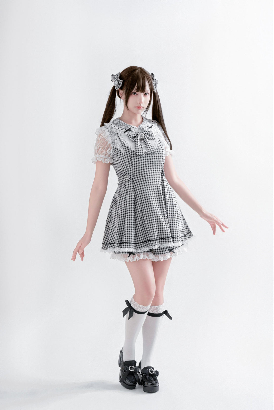 Jirai Kei Plaid Dress Set, Rhinestone Collar Bow 45008:837291