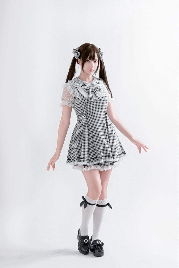 Jirai Kei Plaid Dress Set, Rhinestone Collar Bow 45008:837291