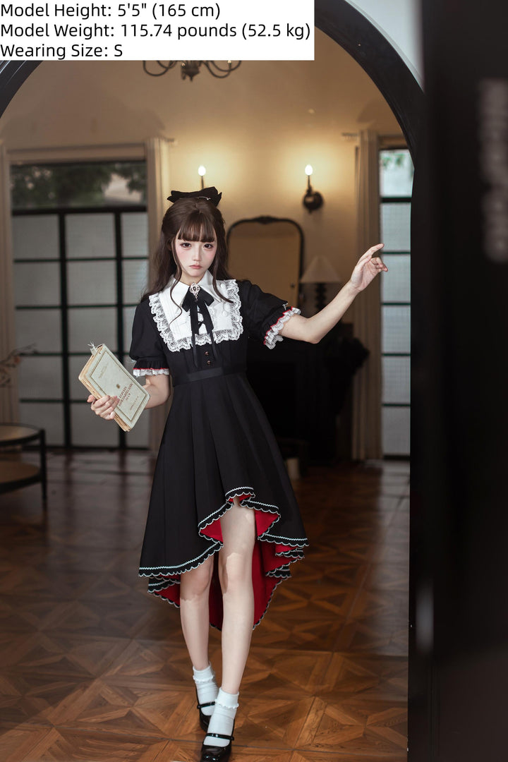 Gothic Style Lace Trim Dress, High-Low Hem 45334:848939