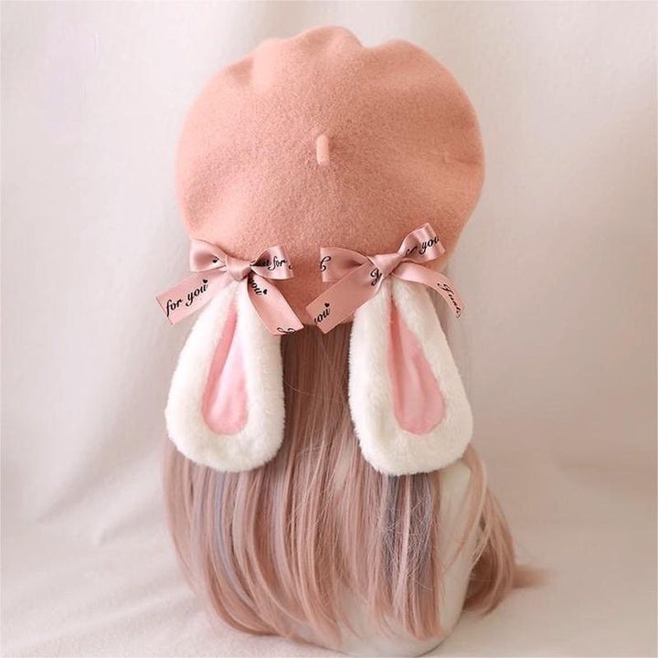 Jirai Kei Pink Hat Plush Rabbit Ear Bow Wool Beret (M) 33804:447142 (M) 33804:447142