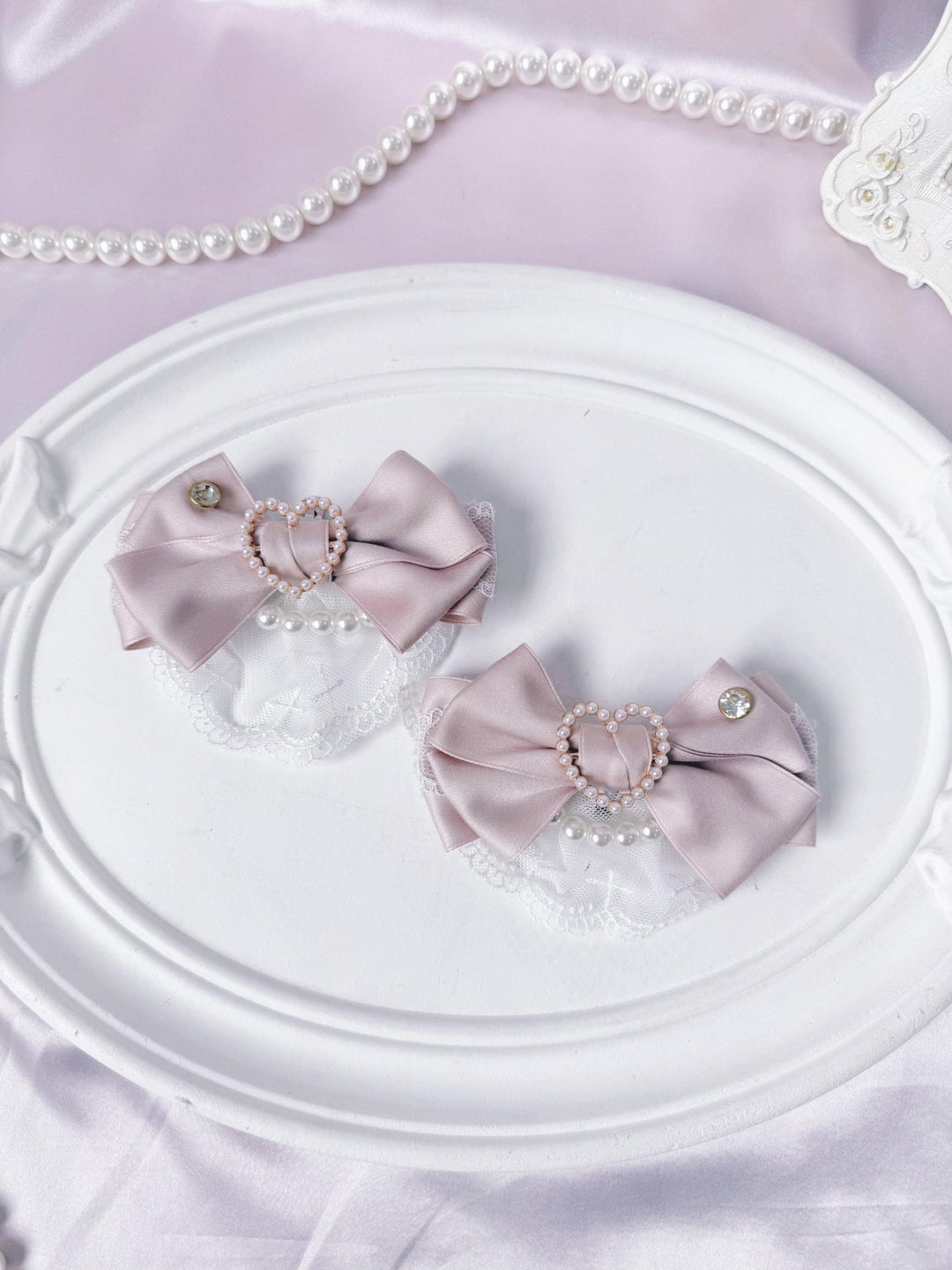 Jirai Kei Bowknot Shoe Clips, Heart-Shaped Faux Pearl 45356:845566