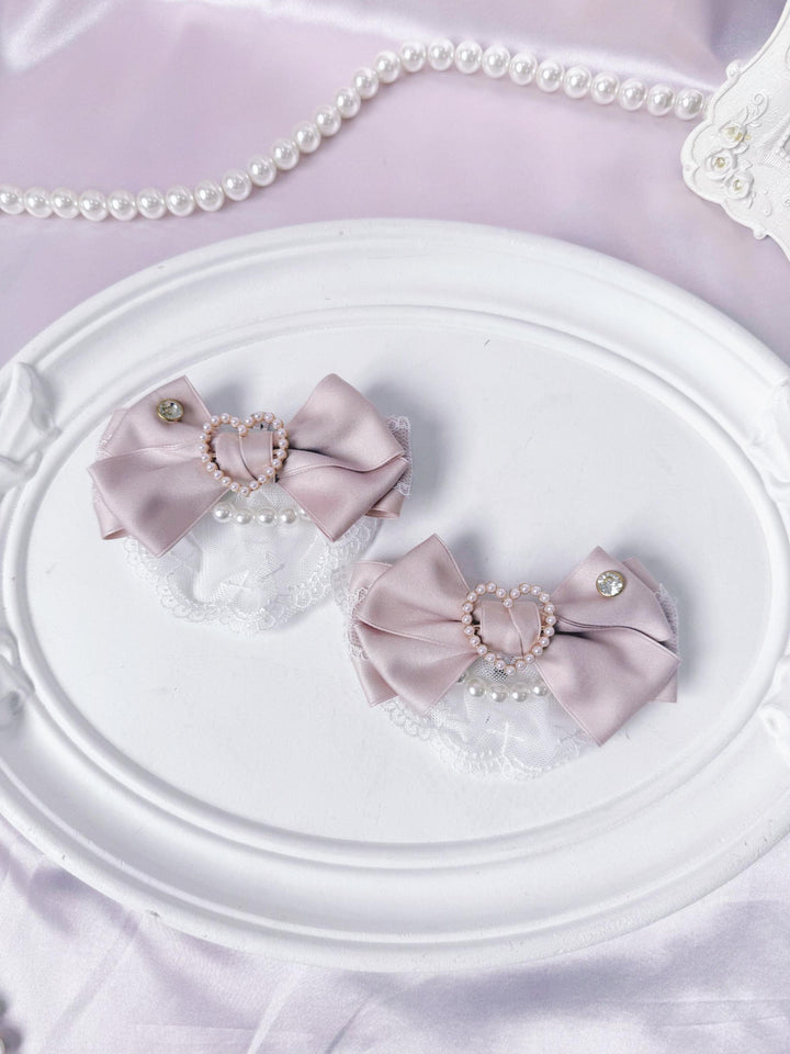 Jirai Kei Bowknot Shoe Clips, Heart-Shaped Faux Pearl 45356:845566