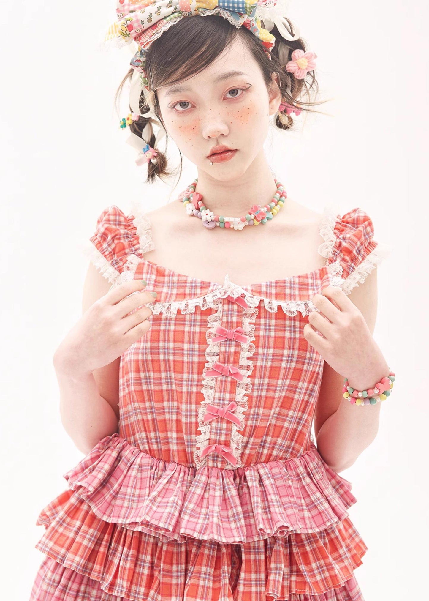 Sweet Lolita Dress Pink Plaid Dress Kawaii Layered Dress 36166:543410