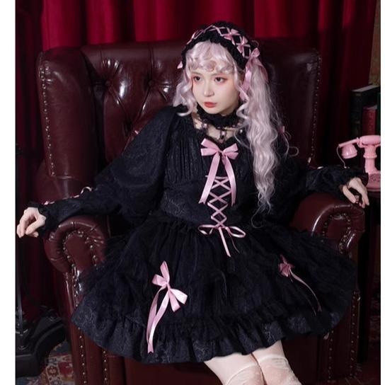 Gothic Lolita Dress Long Sleeve Dress Black Pink Puffy Dress 32084:381996 32084:381996