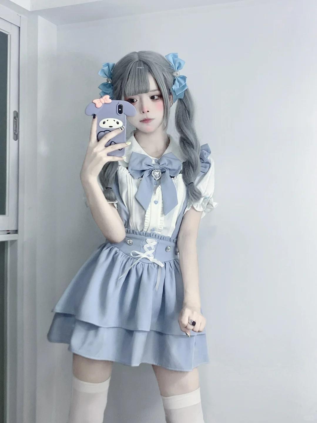 Jirai Kei White Blouse Lace-up Suspender Skirt 21838:760783
